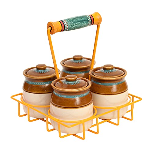 Image of AAKRITI ART CREATIONS Char Chatore Barni Set with Yellow Handpainted Metal Stand | Set of 4 Ceramic Achar ki Barni & Mukhwas Box | Handcrafted Storage Jar for Spice & Pickle