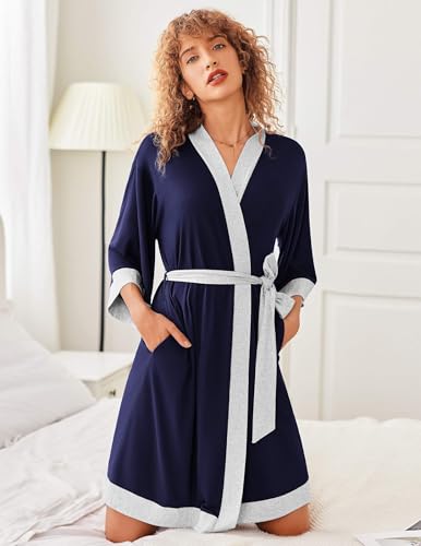 Image of Ekouaer Robes for Women Knee Length Bathrobe Lightweight Kimono Robe 3 /4 Sleeve Knit Sleepwear with Pockets