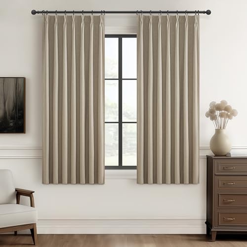 Image of GreyBeige Black Out 54 Inches Long Boho Small Curtains 2 Panels Set, Farmhouse Short Curtain for Bedroom /Bathroom /Kitchen Thermal Insulated Flax Linen Pinch Pleated Bay Window Drapes (40 inchWx54 inchL)