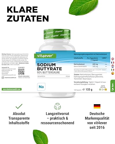 vit4ever Sodium Butyrate - 180 Kapseln mit 600 mg - Premium: 90% Buttersäure - Reines Natriumbutyrat ohne unerwünschte Zusätze - Hochdosiert - Vegan