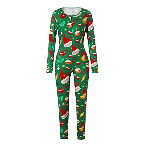 Dames Kerstmis Eendelige Jumpsuits Bodycon Slim Button Down Rits Lange Mouwen Rompers Nachtkleding Bodysuit, C Groen, S - Afbeelding 5