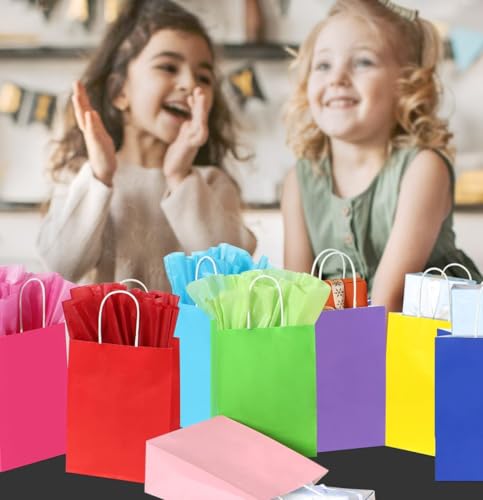 Adorox 12 Assorted (9" H x 7.5" L x 3.5" W) + 24 Tissue (20" x 26") Bright Neon Colored Party Present Paper Gift Bags Birthday Wedding All Occasion