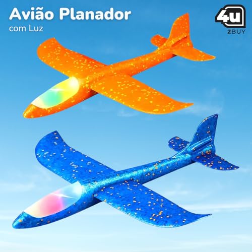 Kit com 4 Aviões Planadores Manuais de Espuma, Cores Sortidas, com Luzes LED RGB Piscando