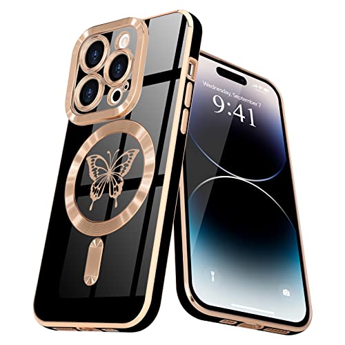 Lafunda Coque Magnétique pour iPhone 14 Pro Max Coque Compatible avec MagSafe, Coque pour iPhone 14 Pro Max avec Motif de Papillon Protection Antichoc Anti Rayures Noir