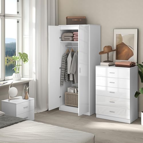HOMCOM High Gloss 3 Piece Trio Bedroom Furniture Set Wardrobe + Chest Of Drawer + Bedside White - Image 9
