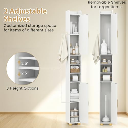 Image of Tangkula Narrow Bathroom Cabinet, 69.5 inch Tall Storage with 2 Doors & Adjustable Shelves, Toilet Paper Rod & Side Hook, Anti-toppling Design, Slim Floor Cabinet for Small Spaces (White, 2 Pack)