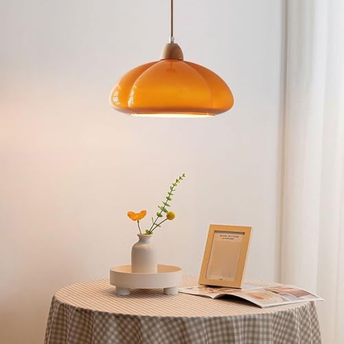 Lustre réglable en hauteur verre orange et bois noble - 6