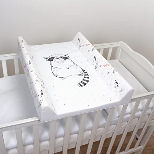 Baby Hard Base Changing Mat/Top Changer 80x50 cm fits 140x70 cm Cot Bed Unisex Wedge Anti Roll Nappy Newborn Baby Waterproof Changing Mat with Raised Edges (Raccoon)