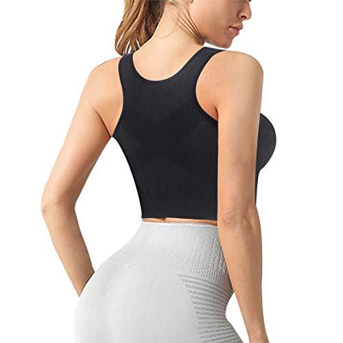 Traininggirl Front Closure Sports Bra For Women Wirefree Padded Support Workout Crop Tank Tops Compression Longline Yoga Bra (Black, Medium/Large) #TOP1