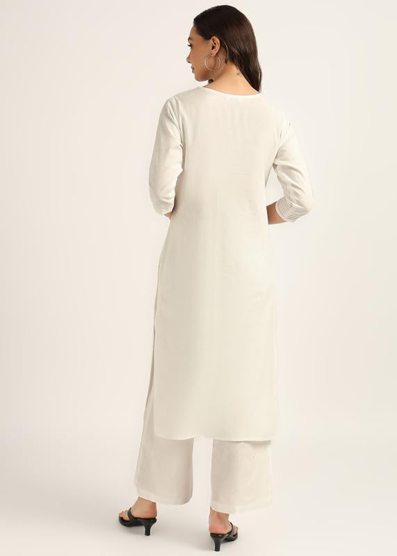 Image of BLOCKS OF INDIA Women's Solid Straight Kurta Set | Hand-Stitched Neck Details with Pintucks | Comfortable Pants with Pockets, Elastic Waist & Drawstring Fit