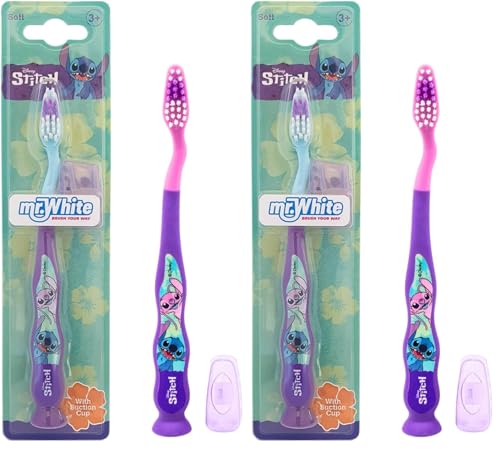 Spazzolino da denti piccoli Disney Stitch per bambini con cappuccio di protezione, setole morbide arrotondate, impugnatura comoda e ventosa per riporre in posizione verticale, per bambini dai 3 anni