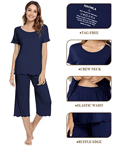 Image of NACHILA Women's Pajamas Set,Short Sleeve Sleepwear Capri Pant Pjs