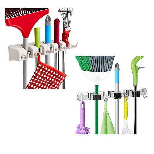IMILLET Mop and Broom Holder, Wall Mounted Organizer-Mop and Broom Storage Tool Rack(1 Pack Plastic Broom Holder+1 Pack Stainless Steel Broom Holder))