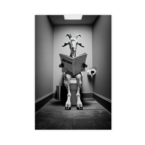 BMtyDG Black And White Photo of A Goat Reading on The Toilet, Interesting Bathroom Decoration Canvas Poster Wall Art Prints Room Aesthetic Murals Bedroom And Living Decorations Unframe 16x24inch