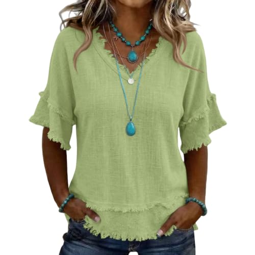 Linen Shirts for Women Summer Western Boho Short Sleeve Gauze Tops Casual Frayed Linen Cotton Fringe Top Retro Retro Raw Hem Peasant Beach Blouses Comfy Vacation V Neck Blusas para Mujer Light Green