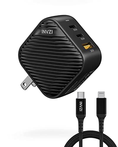 [Bundle] INVZI 65w GaN USB-C Charger 3-Port and USB-C to Lightning Cable for MacBook Pro Air, iPad Pro Air, iPhone 13 12 11 Pro Max