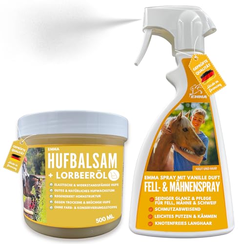 EMMA Huffett Pferde & Mähnenspray für Pferde - 2x500ml - Hufpflege & Pferdepflege Set I Pflege Hufe I Huffestiger I Pflegemittel brillianter Glanz Fell Haare Schweif und Mähnenspray I Pferde Zubehör