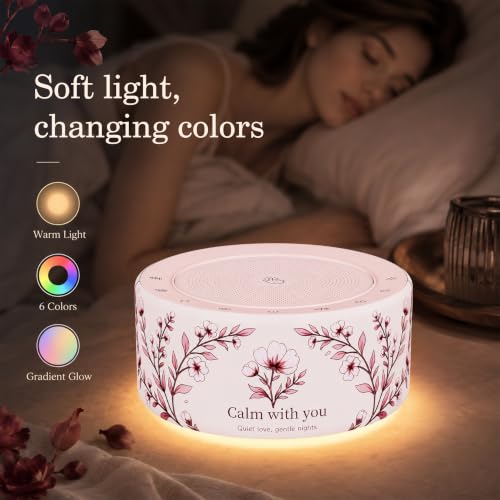 Image of Kipcush White Noise Machine for Baby & Adults, 30 Soothing Sounds, Soft Non-Glare Nursery Lamp, 8 Color Night Lights, Memory Function (New Floral Theme, Standard)