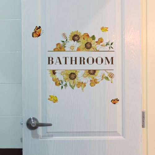 Vinilo decorativo para puerta baño con girasol y mariposas