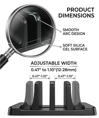 Image of Vertical Laptop Stand, Space Saving Design for Desk Organization, Dual Slot Laptop Holder for Laptop and Tablet, Compact Vertical Stand for Home Office and Dorm Rooms, Black Color