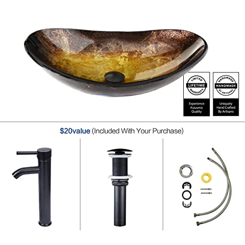 Puluomis USBA20065-APP Bathroom Vessel Sink, Boat Shape Bathroom Artistic Glass Vessel Bowl Basin With Free Oil Rubbed Bronze Faucet And Pop-Up Drain, Gold Ingot thumb #2