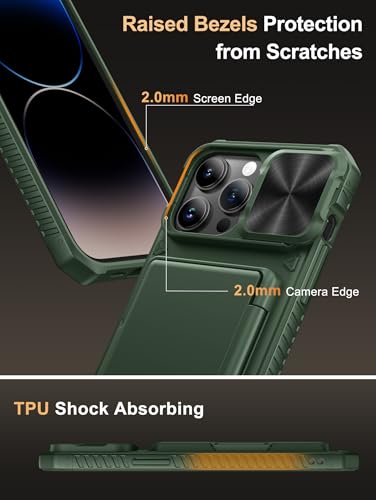 Image of Vihibii for iPhone 14 Pro Max Back Cover with Card Holder (4 Cards) [RFID Blocking] & Slide Camera Cover, Military Grade Drop Protection, Rugged Hard Back & Silicone Edge Wallet Phone Case 6.7 inch, Green