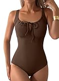 Aleumdr Women 2026 Fashion One Piece Swimsuits Drawstring Knot Tummy Control Swimwear Textured Bathing Suit Retro Bathing Suit Coffee Small