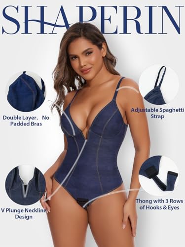 Image of SHAPERIN Bodysuit for Women Shapewear Tummy Control Deep V Neck Plunge Sleeveless Backless Thong Body Suit Tank Top