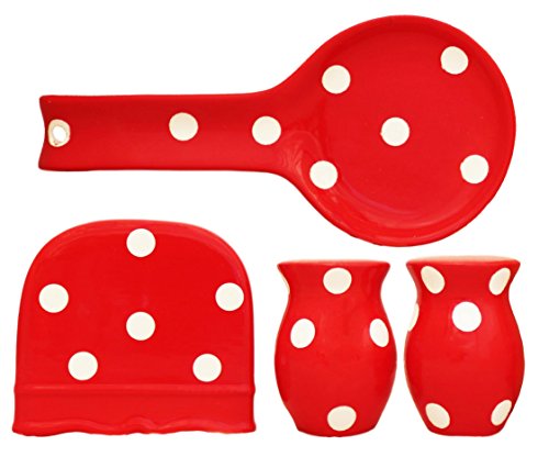 New Viva Collection, Polka Dot Hand Painted Ceramic Table Top Set, 84225/28**YOUR CHOICE OF COLOR** by ACK (RED)