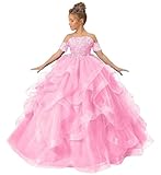 Girl’s Off Shoulder Flower Girl Dress for Wedding Beaded Princess Pageant Dresses Tulle Ruffles Ball Gowns for Girls Pink 8
