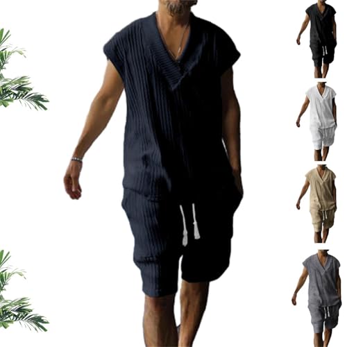 Athleisure Cable Jacquard Set Men, Casual Cable Knit T-shirt Set V-Neck Sleeveless Tank Top and Drawstring Shorts 2 Piece