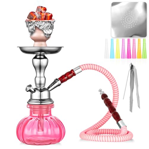 Hookah Set, 11'' Shisha Hookah Complete Set With Mini Pumpkin Hookah Glass Vase, Ceramic Bowl, Wooden Handle Hose, Coal Tong (pink)