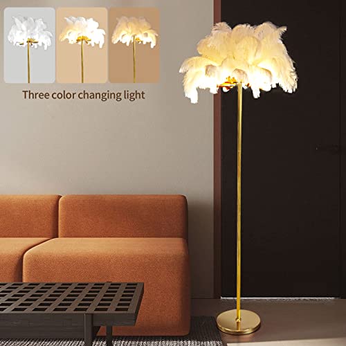 Feather Floor Lamps For Bedrooms Natural White Ostrich Feather Lamp 4-Light Unique Bedside Floor Lamp,Golden Lamp Body,Bulb Included, Led Simple Modern Office And Kids Living Room Standing Lamp #TOP1