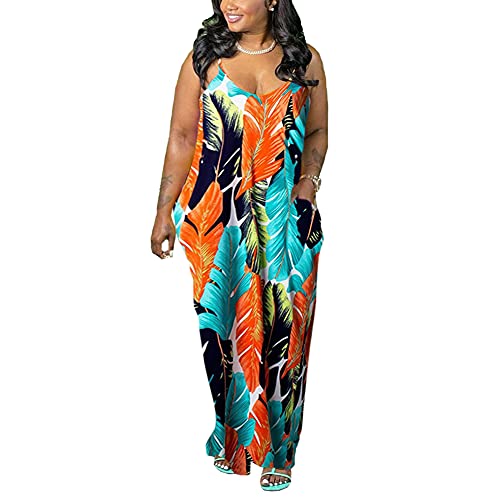 Image of BFFBABY Womens Summer Suspender Maxi Dress Plus Size Striped Printed Sleeveless with Pockets and Belt