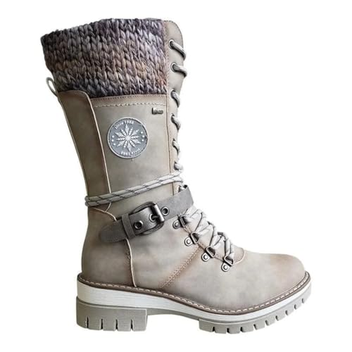 Asmoxo Women Buckle Lace Knitted Mid-calf Boots,...