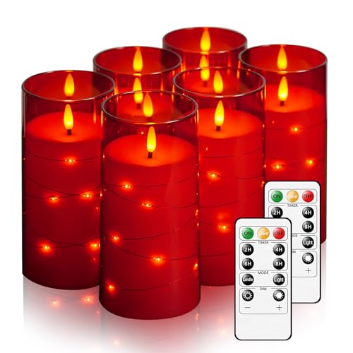 Image of Flickering Flameless Candles with Remote Timer, 6pcs LED Battery Operated Candles with Embedded String Lights Red, Same Size D3 H6