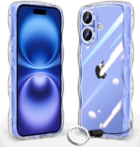 iPhone 16 用 ケース クリア 波状フレーム 耐衝撃 アイフォン 16 用 スマホケース かわいい 人気 可愛い 女性用 カバー 滑り止め ワイヤレス充電対応 ストラップホール付き ストラップ1種付き (クリア 透明)