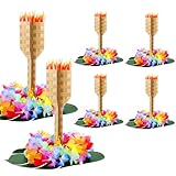 Vicenpal 6 Sets Hawaiian Party Centerpieces Tiki Torch Table Decor with Colorful Leis and Palm Leaves for Hawaiian Luau Summer Beach Tropical Tiki Table Party Supplies