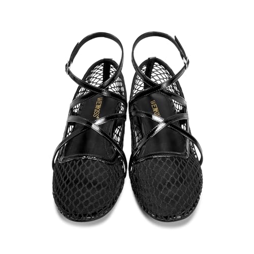 wetkiss Mesh Ballet Flats for Women Round Toe Ballerina Flats Shoes Comfortable Adjustable Ankle Strap Fishnet Mary Jane Flats2