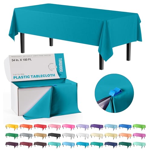 Image of Exquisite Party Solids 54 Inch X 100 Feet Turquoise Plastic Table Cover Roll in A Cut - to - Size Box with Convenient Slide Cutter. Cuts Up to 12 Rectangle 8 Feet Plastic Disposable Tablecloths