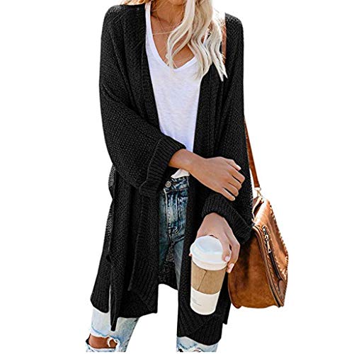 Womens Kimono Long Batwing Sleeve Open Front Chunky Cable Knit Cardigan Sweater Oversized Fall Winter Tops Black