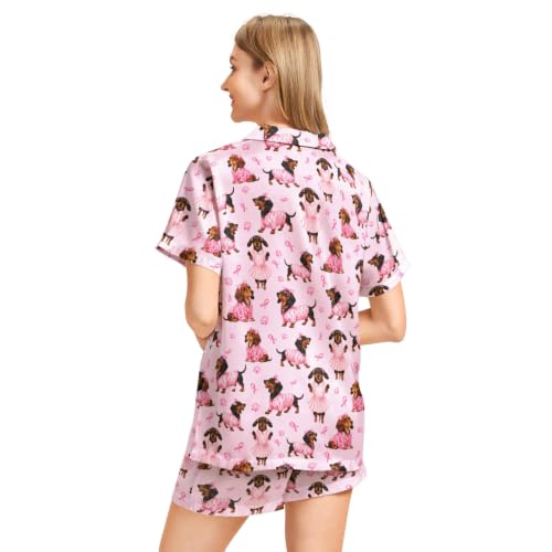 Image of Funny Pajamas for Women Set Print Satin Loungewear Pjs Short Sleeve Button Down Top and Shorts Sets Sleepwear XS-3XL