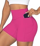 Sunzel Women's Biker Shorts in High Waist Tummy Control with Deep Pockets 5' Hot Pink Large