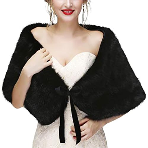 Bridal Faux Fur Shawl Wrap Wedding Stole Shrug Winter Evening Shoulder Shawls Cover Up for Bride and Bridesmaids Women (Black)