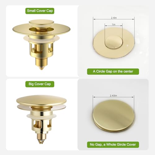 Image of Universal Bathroom Sink Drain Stopper Strainer, 2PCS, Brushed Gold | 2 in 1 Pop Up Sink Stopper for 1.1''~2.36'' Sink Basin Hole, Hair Catcher with Removable Stainless Steel Filter Basket