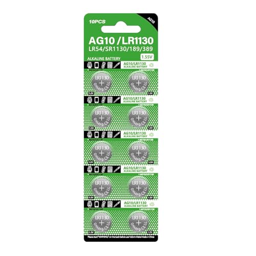 10X AG10 LR1130 Batteries, 1.5V Button Alkaline Cell Battery, LR54 SR1130 189 389 Multi-Use Long-Lasting Portable for Watches and More, 0.45x0.12 Inches