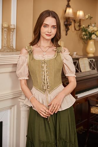 Image of Scarlet Darkness Women's Renaissance Corset Tops Vintage Lace Up Overbust Bustier Bodice Khaki 16
