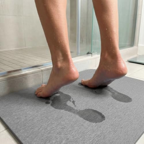 Image of Stone Bath Mat | Diatomaceous Earth Non-Slip Quick Drying Bathroom Floor Mat | Super Absorbent Bathtub & Shower Mat | Odor Free, Safe & Clean for Bathroom & Kitchen (Light grey, 29.5 x 39.5 cm)