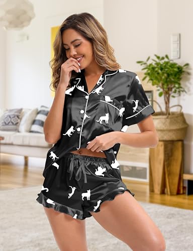 Silk Pajamas for Women 3 Piece Short Sleeve Satin Pajama Set with Pants Ruffle Cute Pj Sets Button Down Sleepwear3