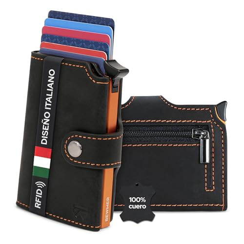 BEWMER Tarjetero de crédito Premium | Cartera Delgada para Hombre y Mujer con Protección RFID Anticlonación | Tarjetero y Dinero con Monedero (Negro Naranja)